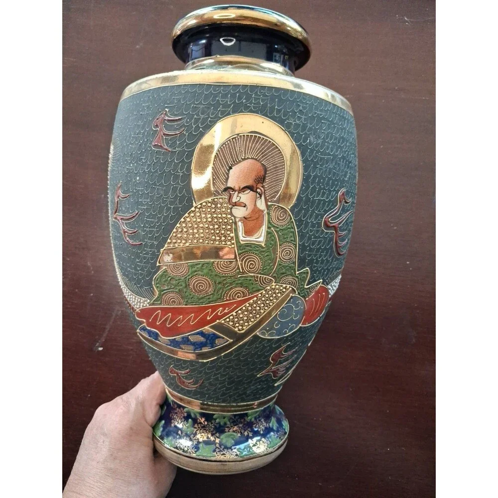 Japanese Satsuma Style Hand-Painted Vase with Figures and Gold Accents